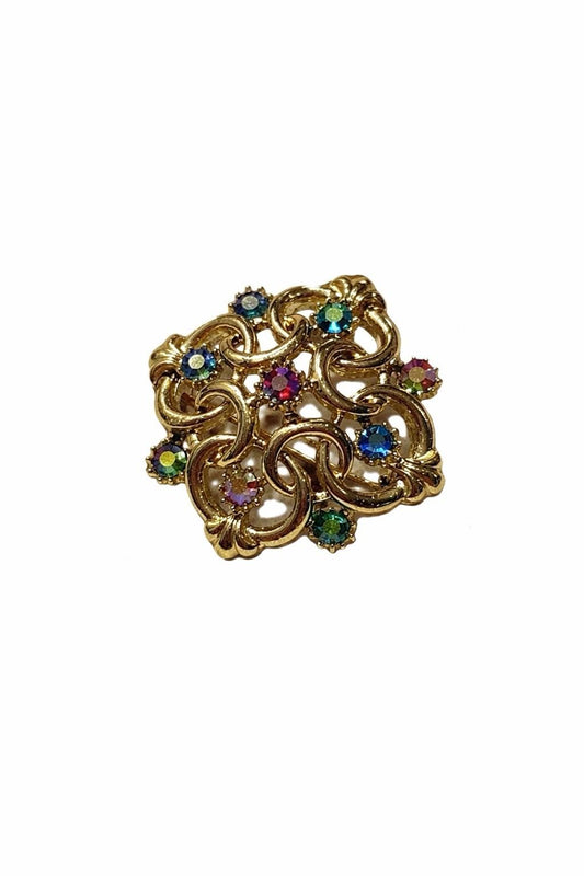 Vintage Silver Tone Multicolour Rhinestone Brooch Openwork Pin