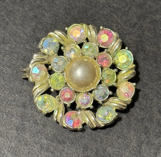 Silver Tone Aurora Borealis Rhinestone Pearl Floral Brooch Pin