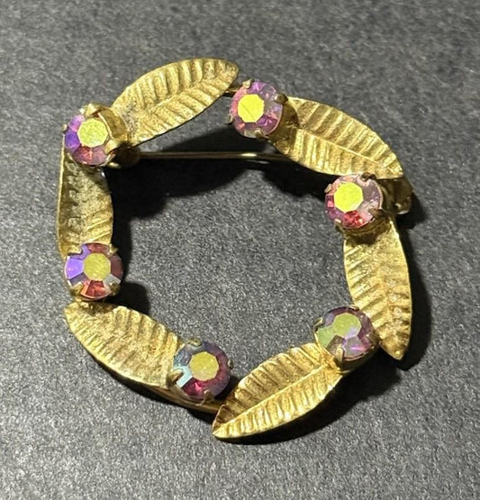 Gold Tone Leaf Wreath Purple Aurora Borealis Rhinestone Brooch Pin