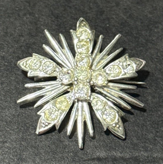 Silver Tone Clear Rhinestone Starburst Brooch Cross Floral Pin
