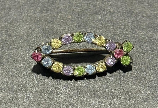 Silver Tone Multicolour Rhinestone Oval Brooch Pin