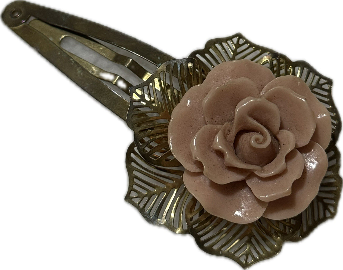 Rose Patterned Hair Clip Gold & Pink Costume Jewellery