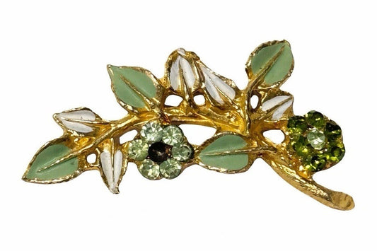 Vintage Gold Tone Floral Brooch Green Rhinestone Enamel Spray Pin