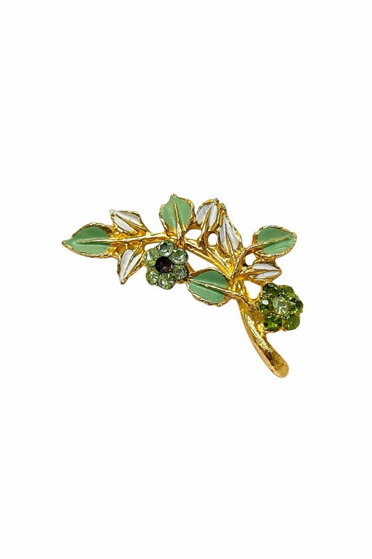 Vintage Gold Tone Floral Brooch Green Rhinestone Enamel Spray Pin