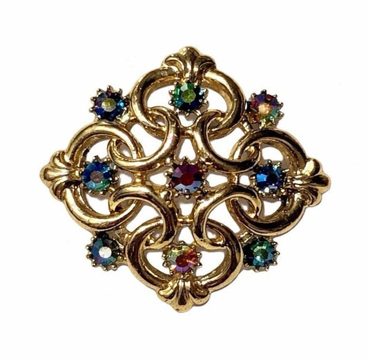 Vintage Silver Tone Multicolour Rhinestone Brooch Openwork Pin