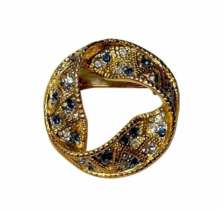 Gold Tone Blue Clear Rhinestone Wreath Brooch Circle Pin