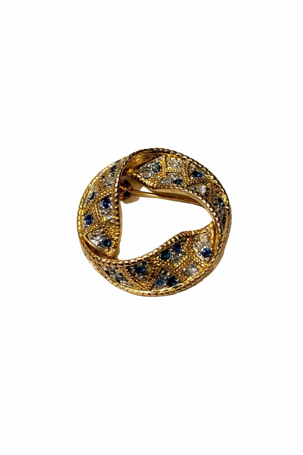 Gold Tone Blue Clear Rhinestone Wreath Brooch Circle Pin