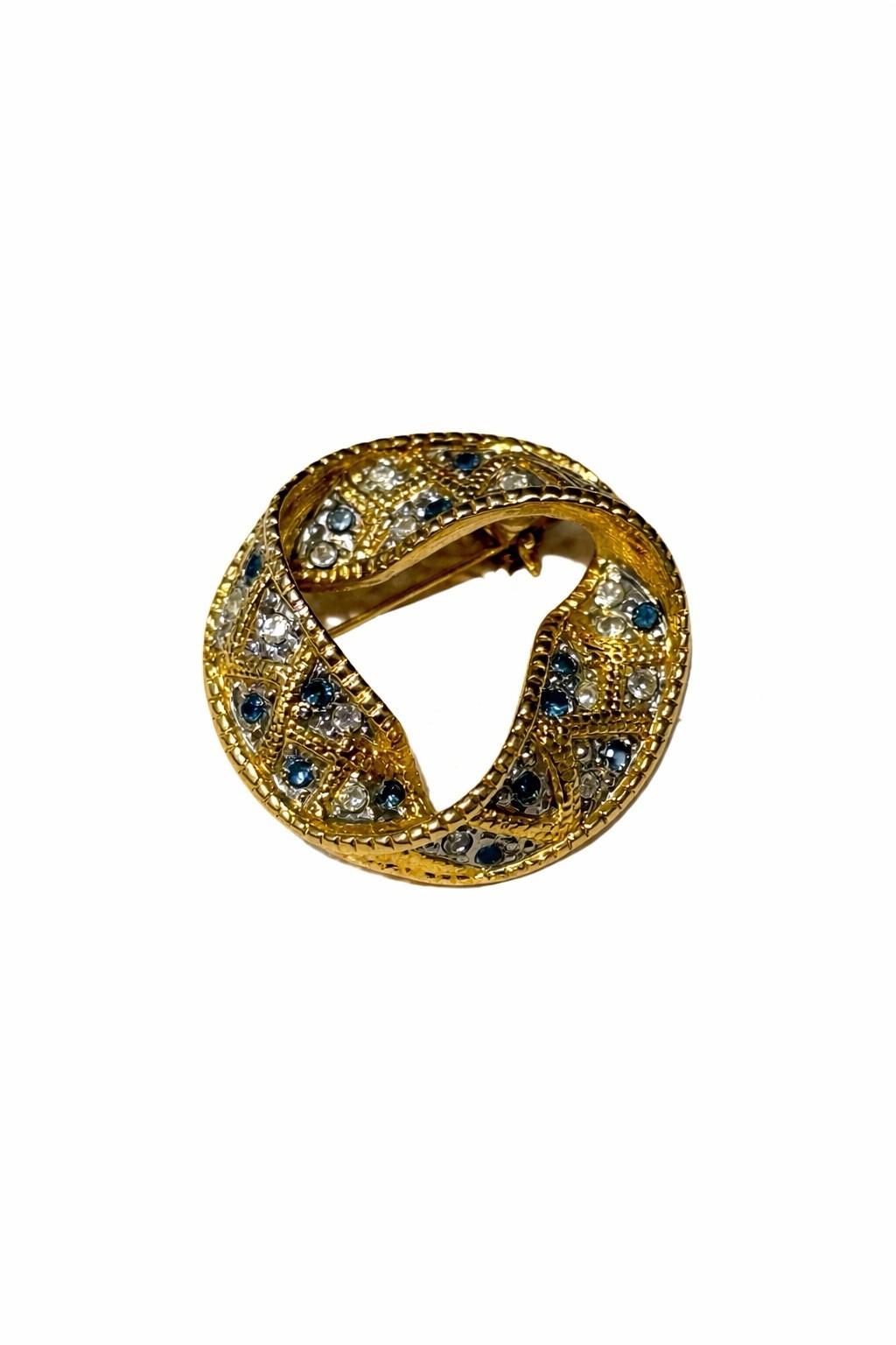 Gold Tone Blue Clear Rhinestone Wreath Brooch Circle Pin