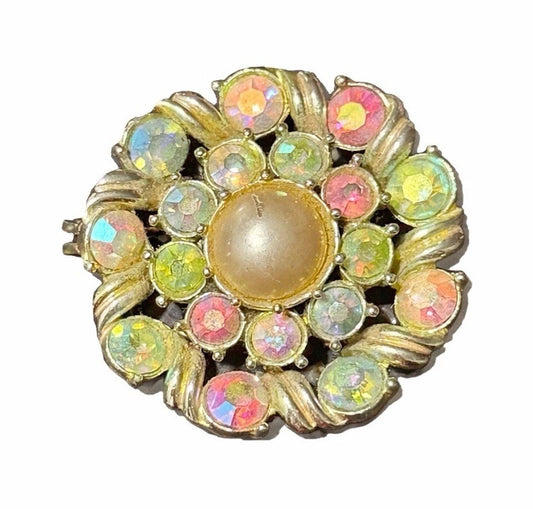 Silver Tone Aurora Borealis Rhinestone Pearl Floral Brooch Pin