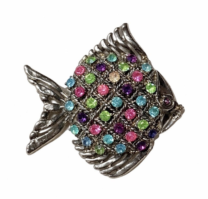 Silver Tone Multicolour Rhinestone Fish Brooch Novelty Animal Pin