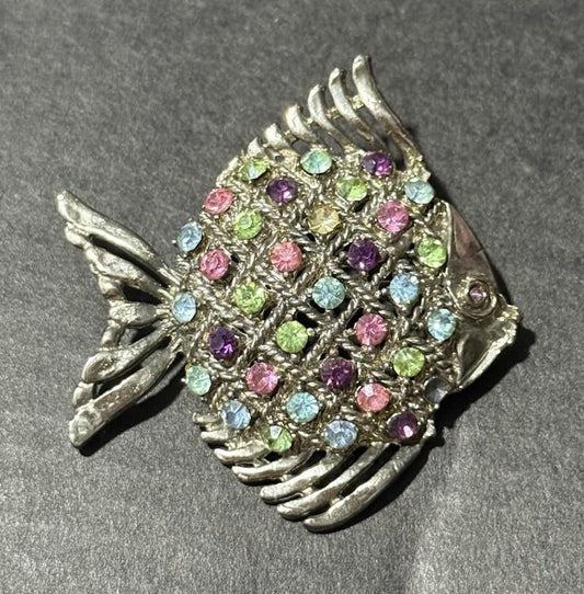 Silver Tone Multicolour Rhinestone Fish Brooch Novelty Animal Pin