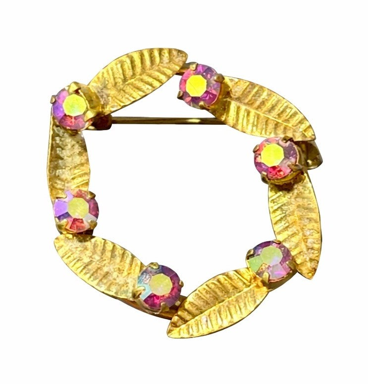 Gold Tone Leaf Wreath Purple Aurora Borealis Rhinestone Brooch Pin