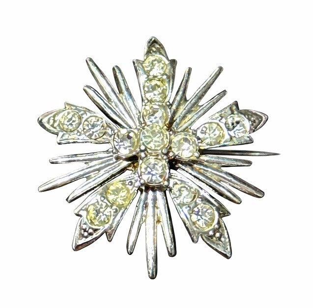 Silver Tone Clear Rhinestone Starburst Brooch Cross Floral Pin