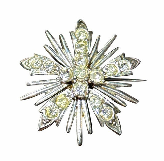 Silver Tone Clear Rhinestone Starburst Brooch Cross Floral Pin