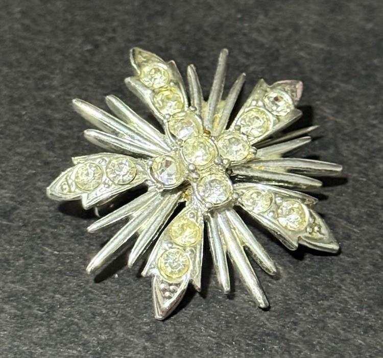 Silver Tone Clear Rhinestone Starburst Brooch Cross Floral Pin
