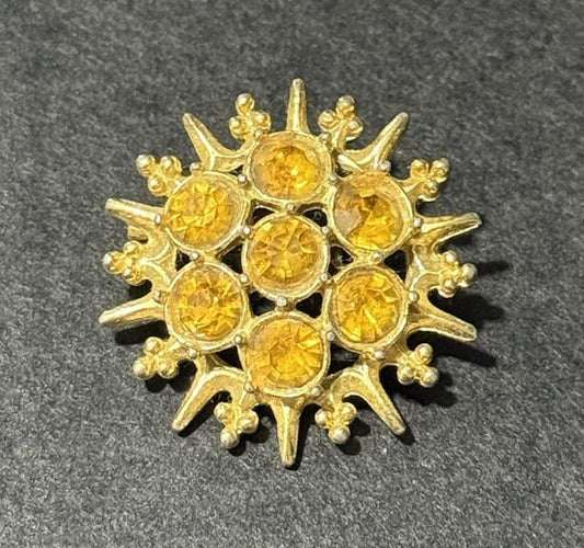 Gold Tone Amber Yellow Rhinestone Starburst Brooch Floral Pin