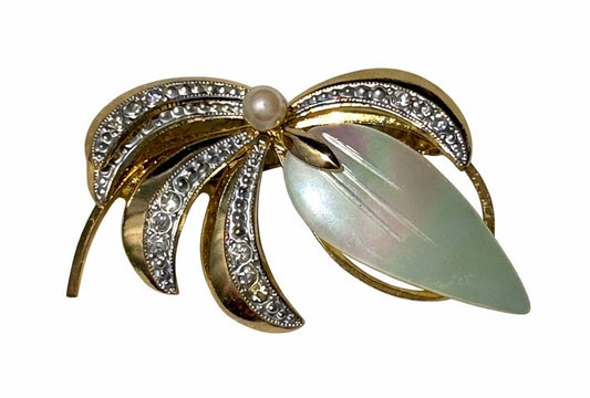 Gold Tone Rhinestone Bow Pearl Leaf Brooch Pin