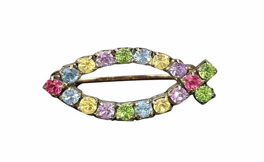 Silver Tone Multicolour Rhinestone Oval Brooch Pin