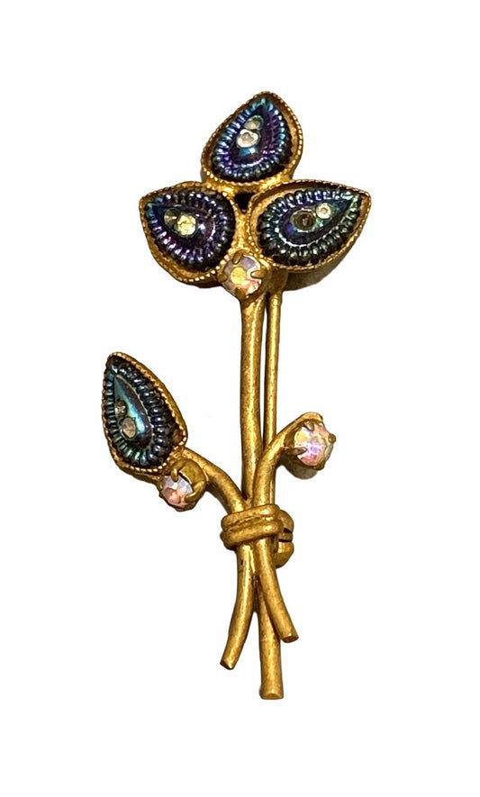 Gold Tone Blue Purple Enamel Flower Brooch Rhinestone Floral Pin