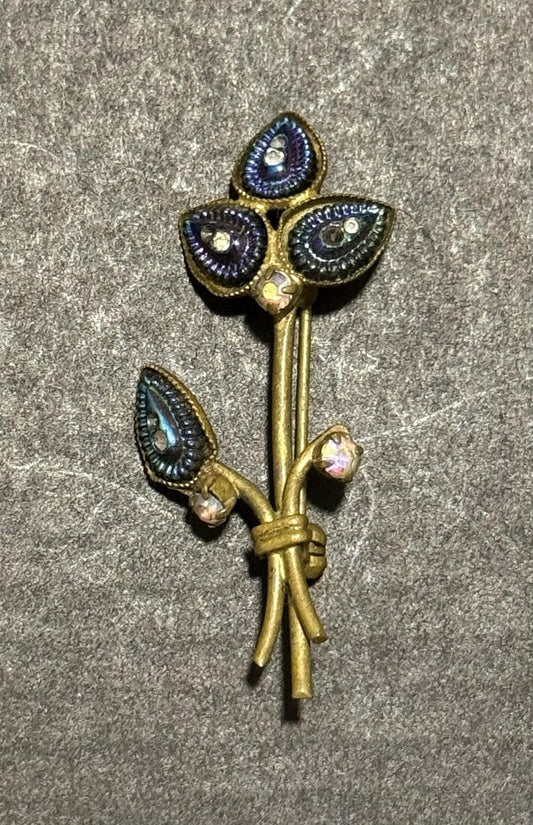 Gold Tone Blue Purple Enamel Flower Brooch Rhinestone Floral Pin