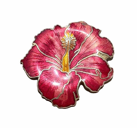 Silver Tone Red Enamel Hibiscus Flower Brooch Floral Pin Vintage