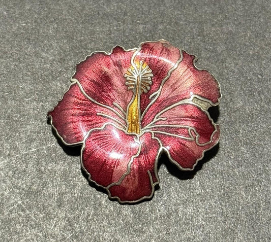Silver Tone Red Enamel Hibiscus Flower Brooch Floral Pin Vintage