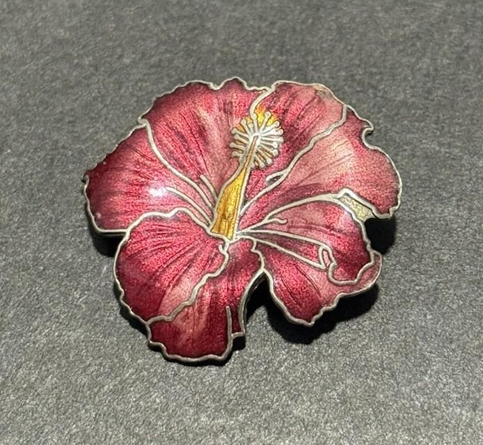 Silver Tone Red Enamel Hibiscus Flower Brooch Floral Pin Vintage