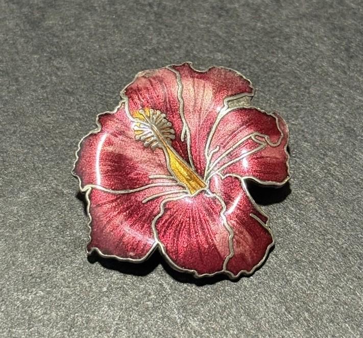 Silver Tone Red Enamel Hibiscus Flower Brooch Floral Pin Vintage