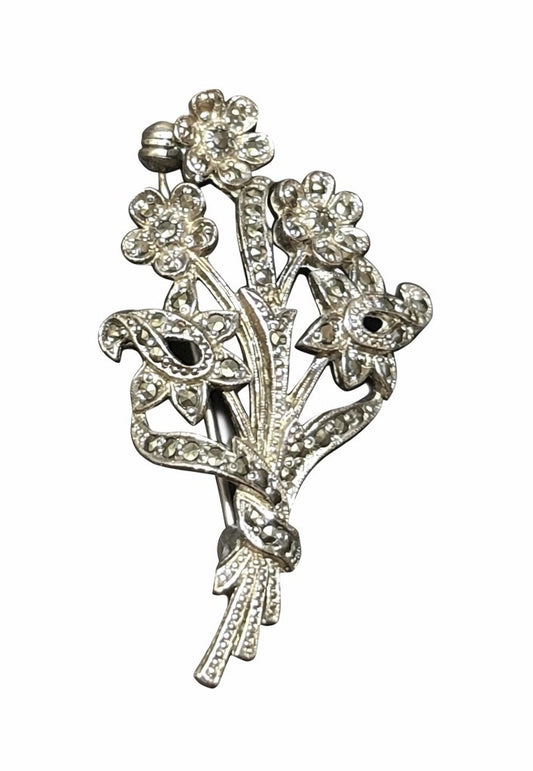 Sphinx Silver Tone Marcasite Style Floral Spray Brooch Signed Vintage Pin