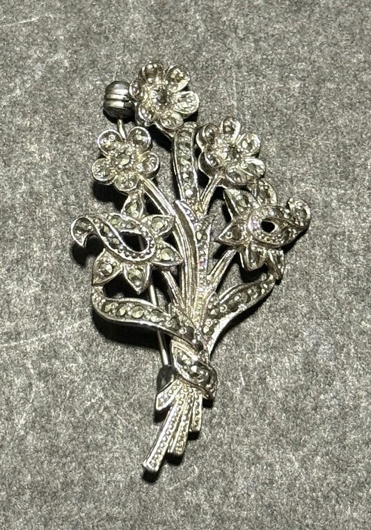 Sphinx Silver Tone Marcasite Style Floral Spray Brooch Signed Vintage Pin