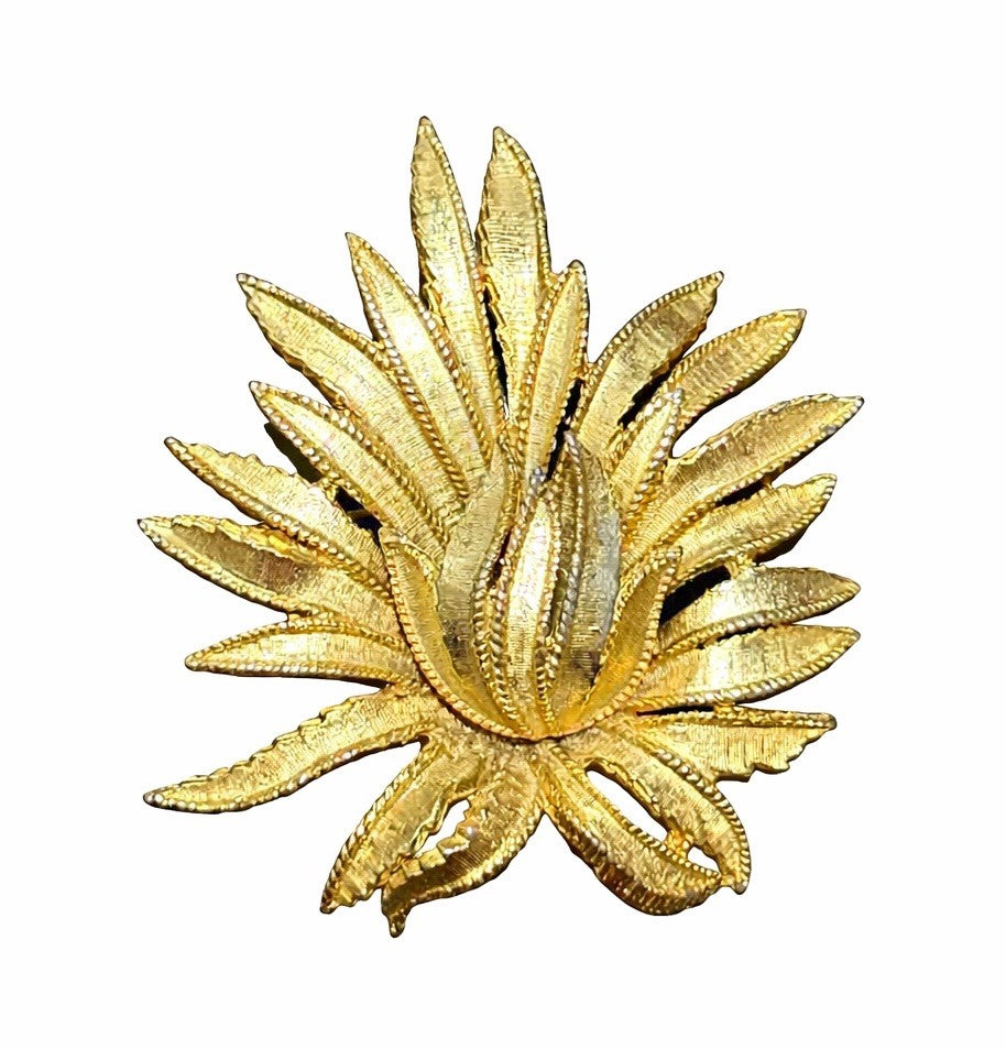 Sphinx Gold Tone Textured Floral Brooch Signed Vintage Statement Pin