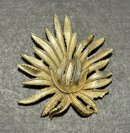Sphinx Gold Tone Textured Floral Brooch Signed Vintage Statement Pin
