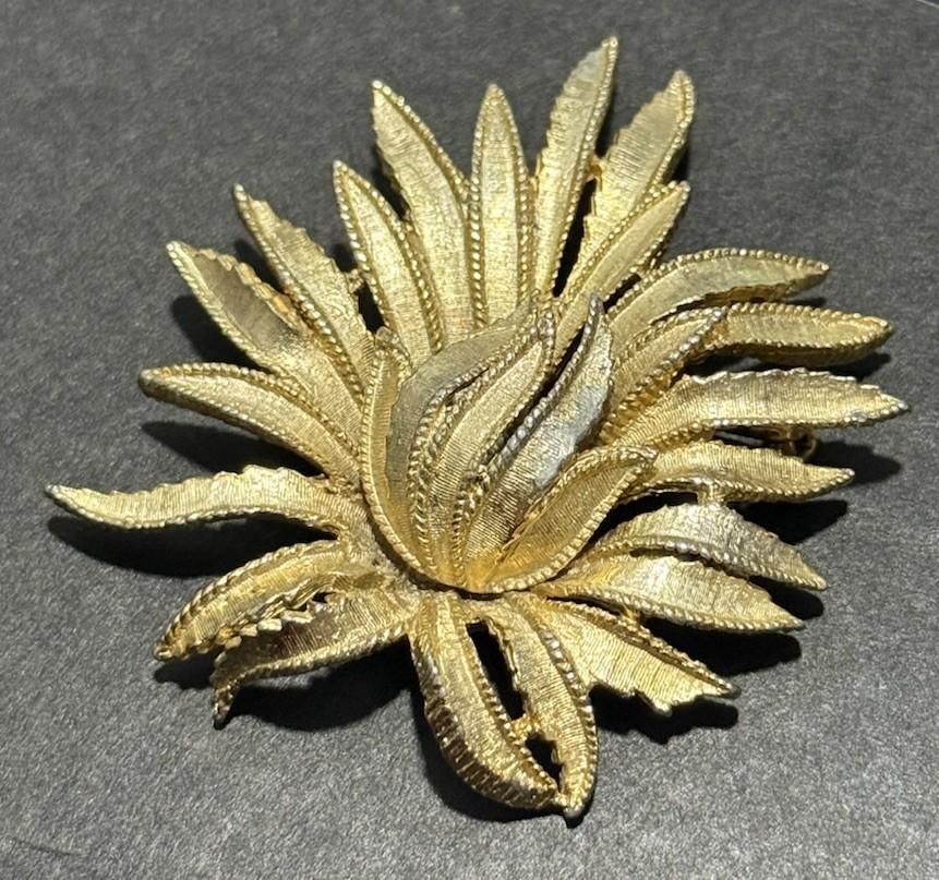 Sphinx Gold Tone Textured Floral Brooch Signed Vintage Statement Pin