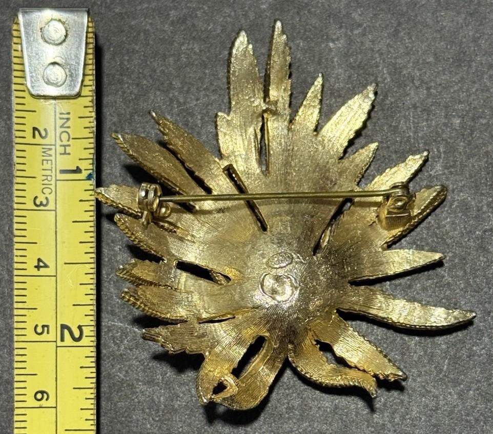 Sphinx Gold Tone Textured Floral Brooch Signed Vintage Statement Pin
