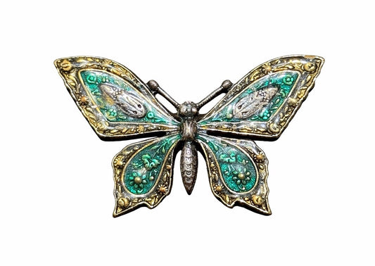 Silver Tone Green Enamel Butterfly Brooch Vintage Style Pin