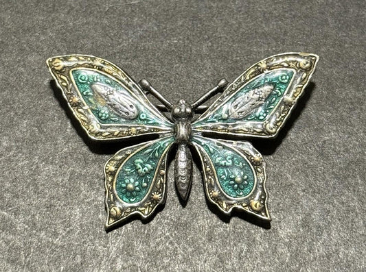 Silver Tone Green Enamel Butterfly Brooch Vintage Style Pin