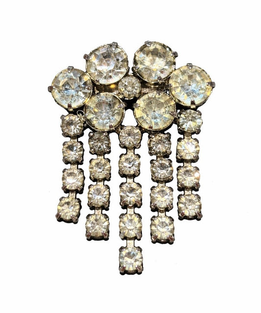 Silver Tone Clear Rhinestone Waterfall Brooch Dangle Fringe Pin