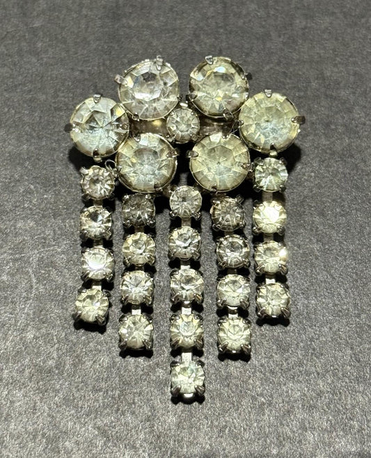 Silver Tone Clear Rhinestone Waterfall Brooch Dangle Fringe Pin