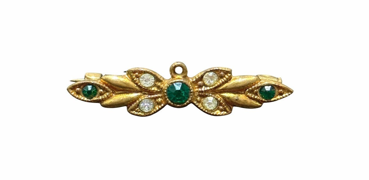Gold Tone Green Clear Rhinestone Bar Brooch Floral Leaf Pin