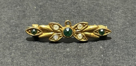 Gold Tone Green Clear Rhinestone Bar Brooch Floral Leaf Pin