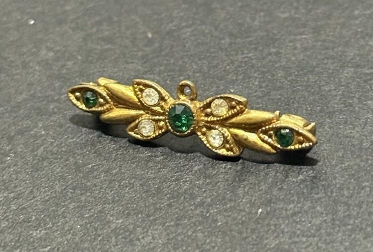 Gold Tone Green Clear Rhinestone Bar Brooch Floral Leaf Pin