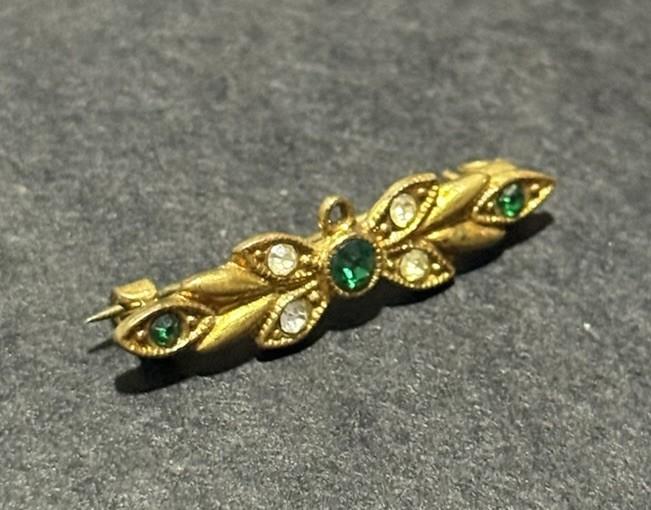 Gold Tone Green Clear Rhinestone Bar Brooch Floral Leaf Pin
