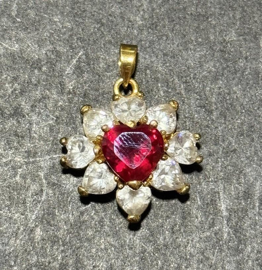 Gold Tone Red Heart Pendant Clear Rhinestone Cluster Charm