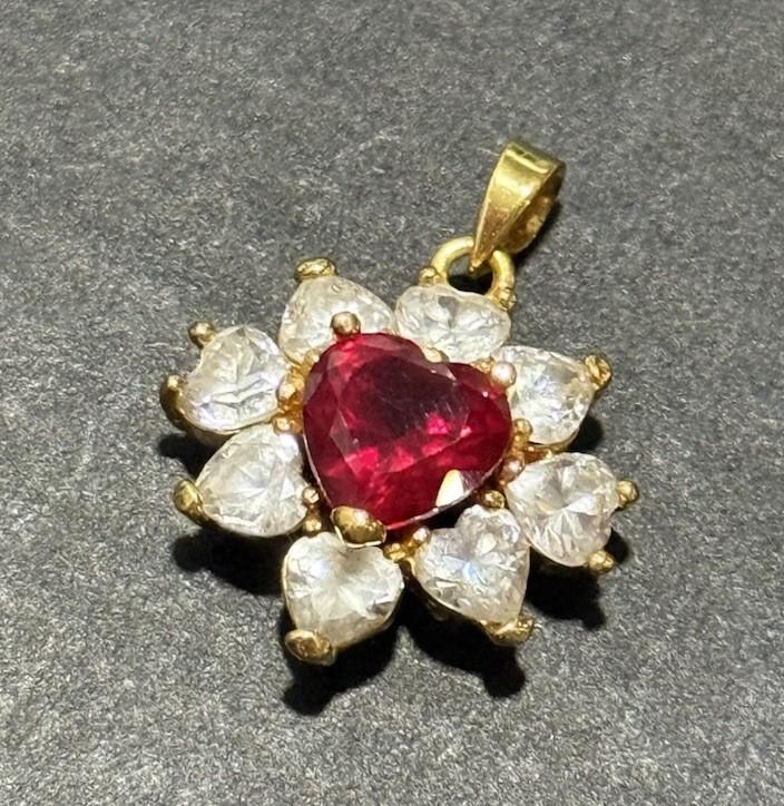Gold Tone Red Heart Pendant Clear Rhinestone Cluster Charm