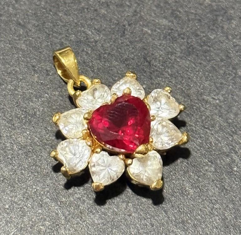 Gold Tone Red Heart Pendant Clear Rhinestone Cluster Charm