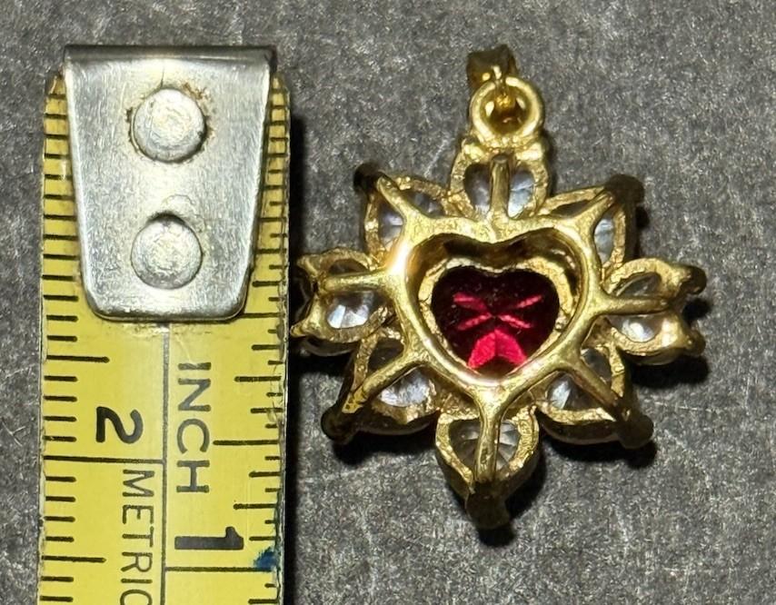 Gold Tone Red Heart Pendant Clear Rhinestone Cluster Charm